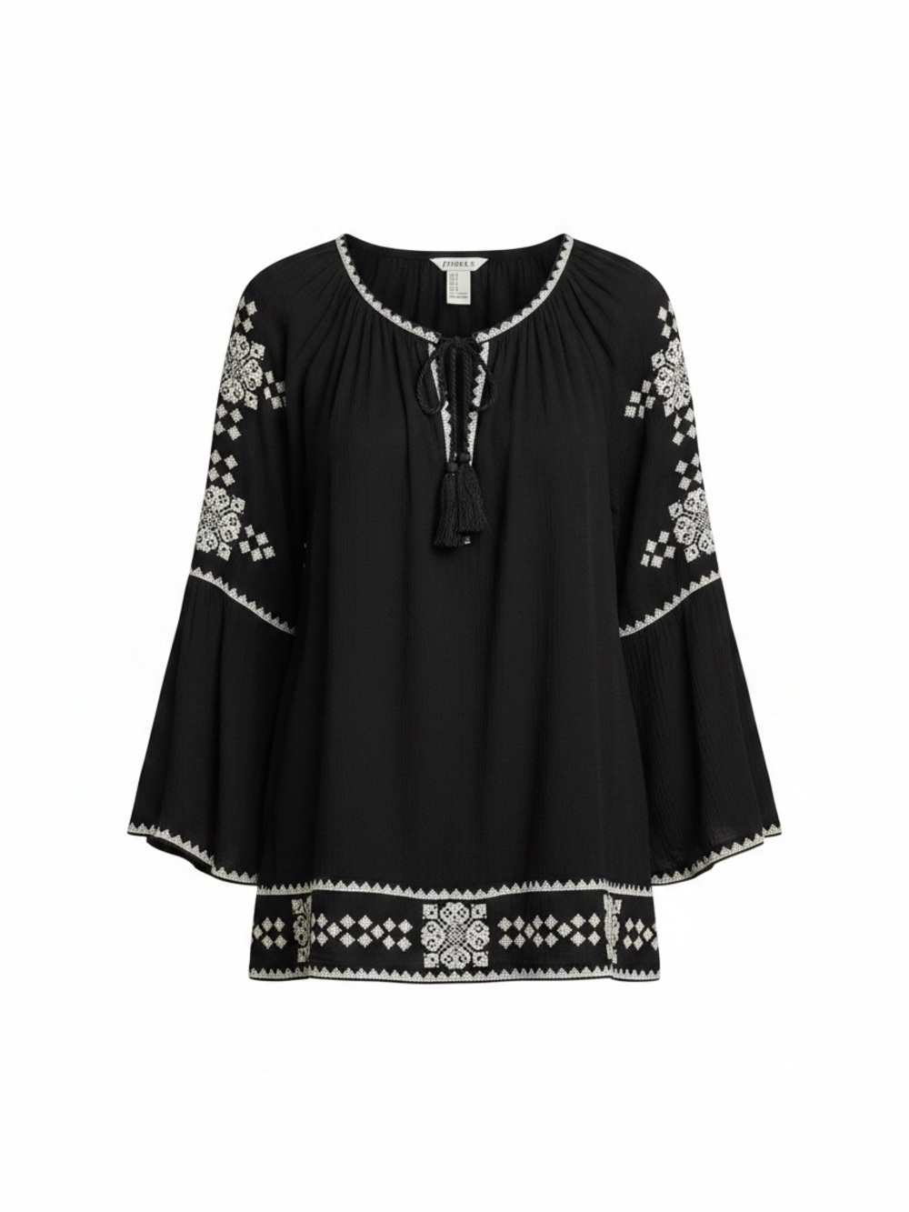 Forever 21 Black Peasant Tunic with White Embroidery